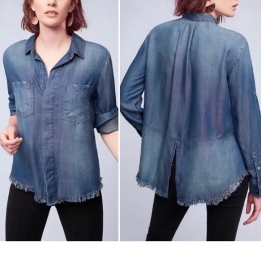 Anthropologie Cloth & Stone Shirt Womens S Blue Chambray Denim Raw-Hem Button-Up